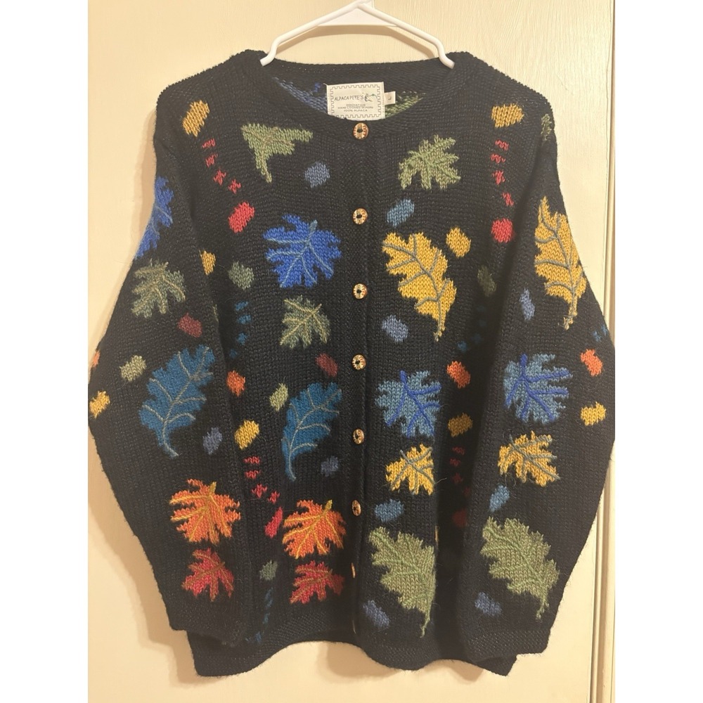 Alpaca Pete's 100% Alpaca wool Knit V-Neck Button Cardigan Sweater Large Floral